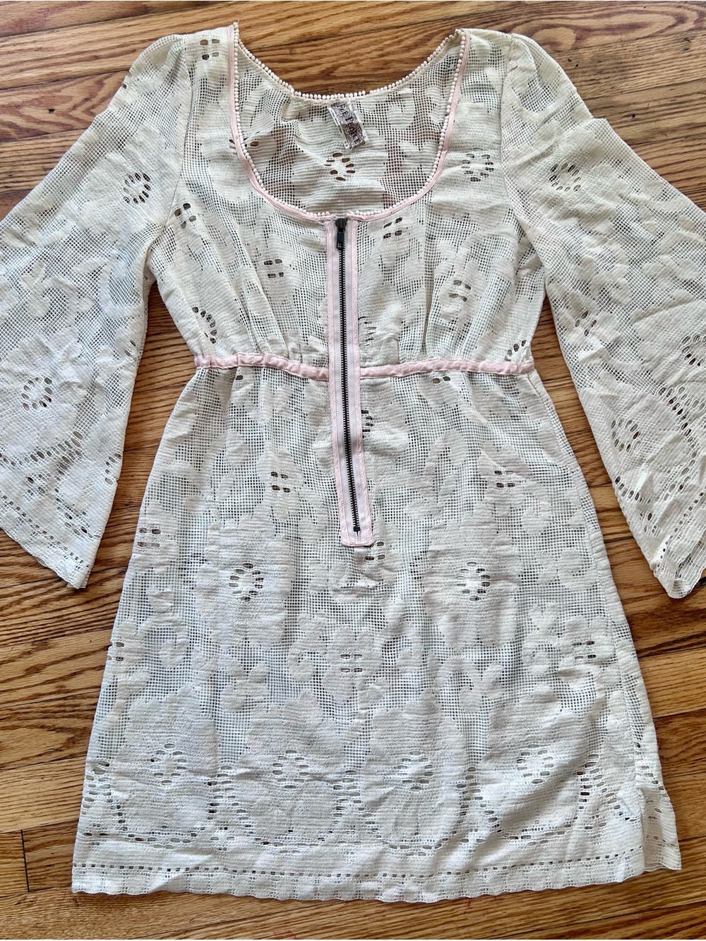 Free People Cream Crochet Mini Dress with Pale Pink Trim